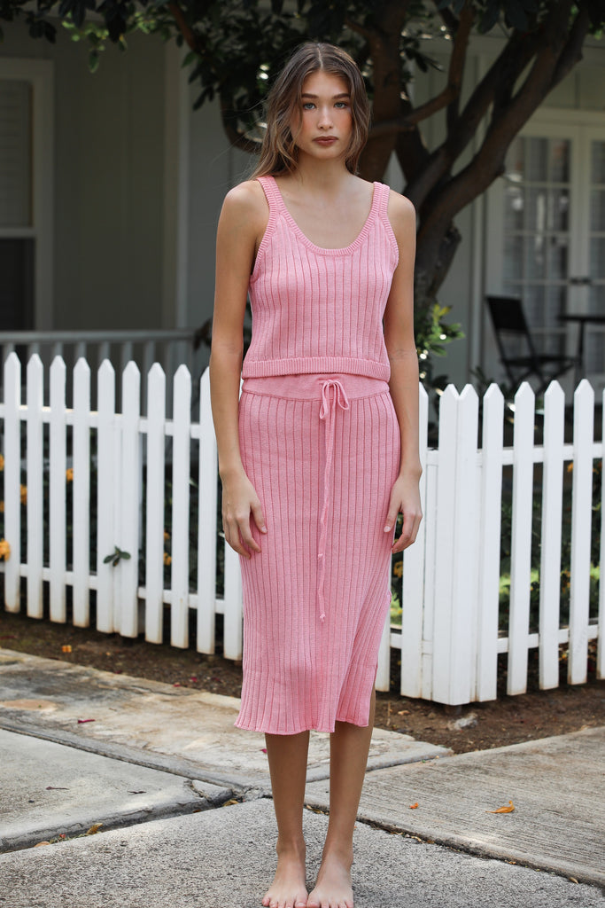 Pink rib-knit skirt with drawstring and matching pink rib-knit tank top