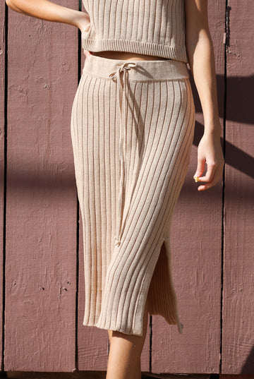 Tan rib-knit skirt with drawstring